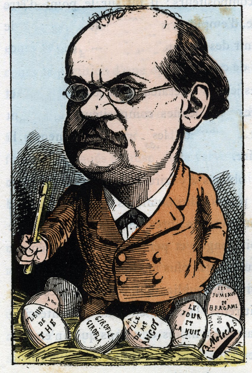 Alexandre Charles Lecocq (1832-1918), francia zeneszerző portréja a Touchatout „Le Trombinoscope” című művében, B. Moloch 1882-es karikatúrája (1849-1909). Magángyűjtemény. alkotó: Moloch