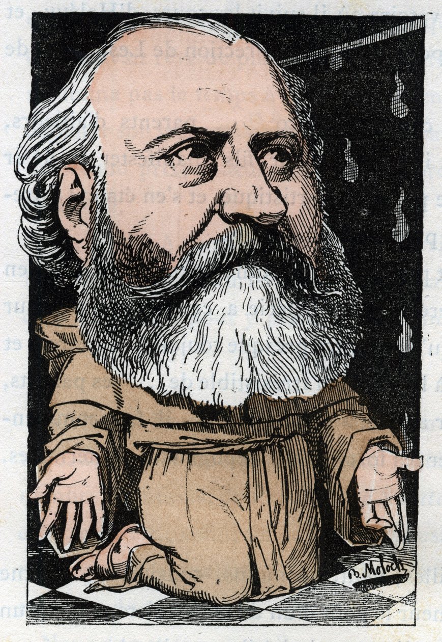 Charles Gounod (1818-1893), francia zeneszerző portréja a Touchatout „Le Trombinoscope” című művében, B. Moloch karikatúrája 1882-ből (1849-1909). Magángyűjtemény. alkotó: Moloch