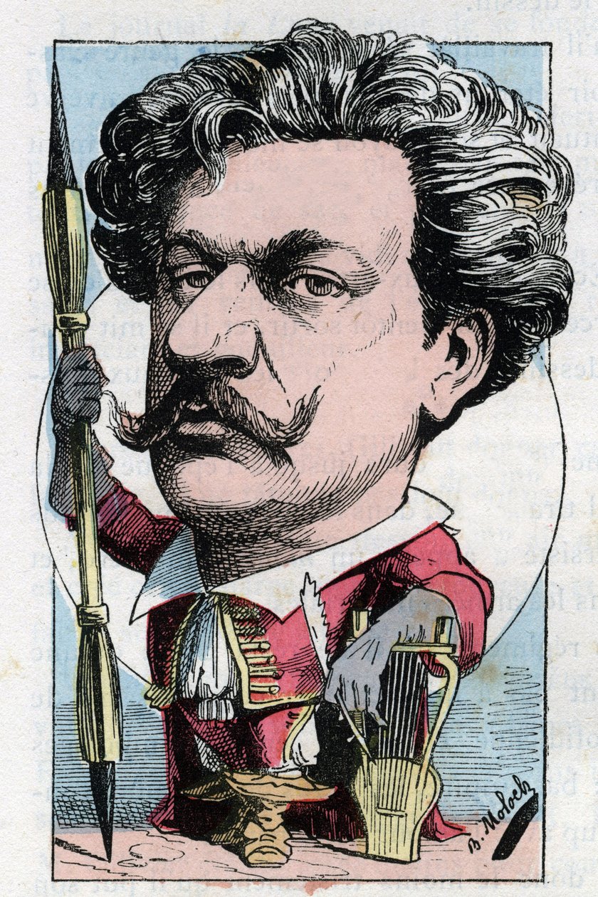 Louis Alexandre Gosset de Guines Andre Gill (1840 - 1885) francia költő, festő portréja Touchatout „Le Trombinoscope” című filmjében, B. Moloch 1882-es rajzfilmjében (1849-1909). Magángyűjtemény. alkotó: Moloch