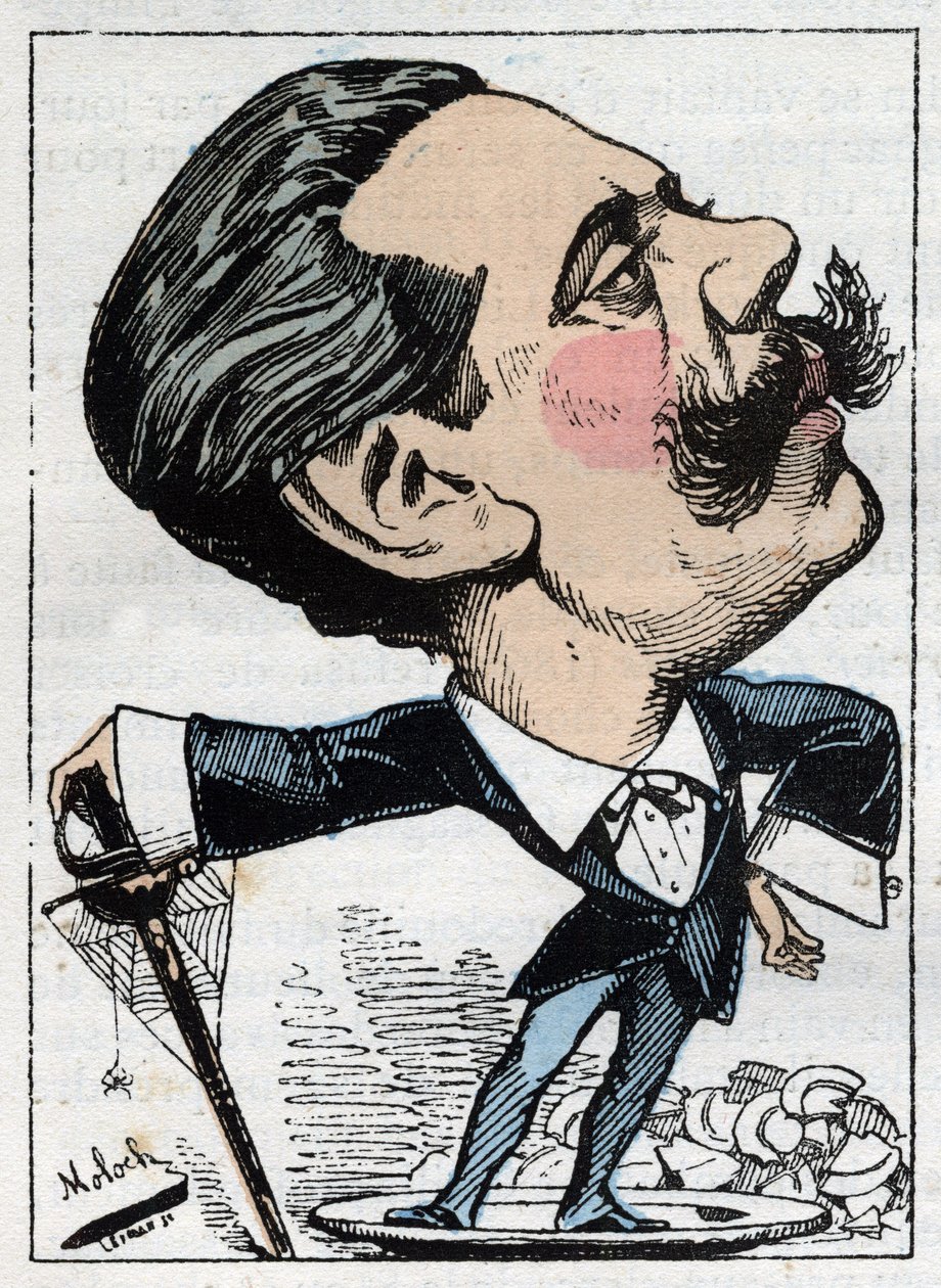 Paul Granier de Cassagnac (1842-1902), francia politikai újságíró portréja a Touchatout „Le Trombinoscope” című filmjében, B. Moloch 1882-es rajzfilmje (1849-1909). Magángyűjtemény. alkotó: Moloch