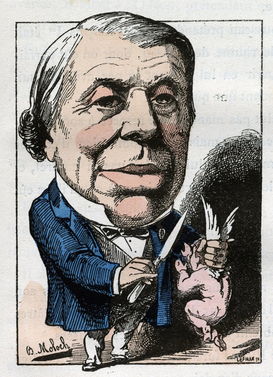 Philippe Ricord (1800-1889), francia sebész portréja a Touchatout „Le Trombinoscope” című művében, B. Moloch rajzfilmje 1882-ből (1849-1909). Magángyűjtemény. alkotó: Moloch