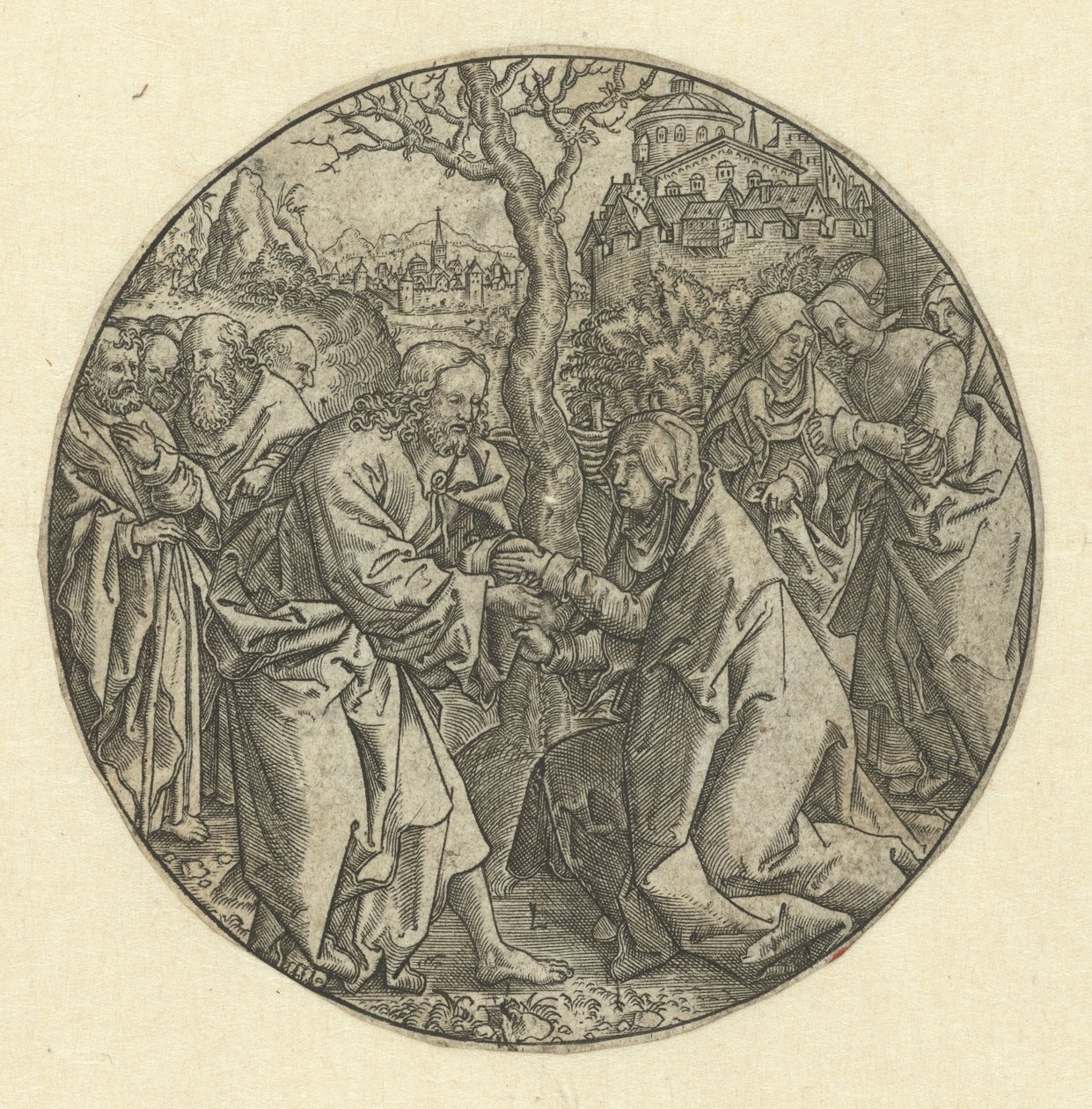 Krisztus búcsút vesz Máriától alkotó: Monogrammist L (graveur, Nederland)