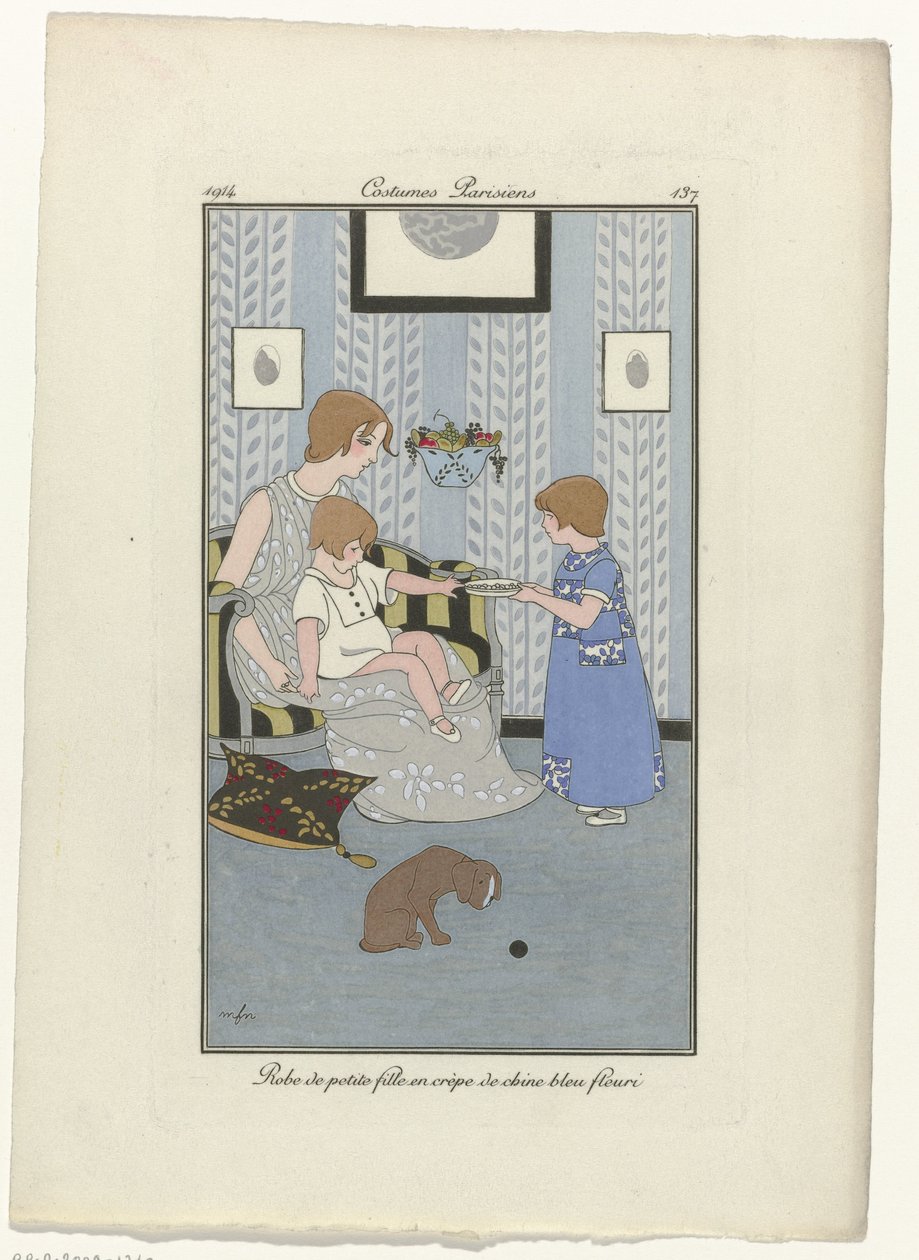 Journal des Dames et des Modes, Costumes Parisiens, 1914, 137. sz.: Kislány ruhája (...) alkotó: Monogrammist MFN