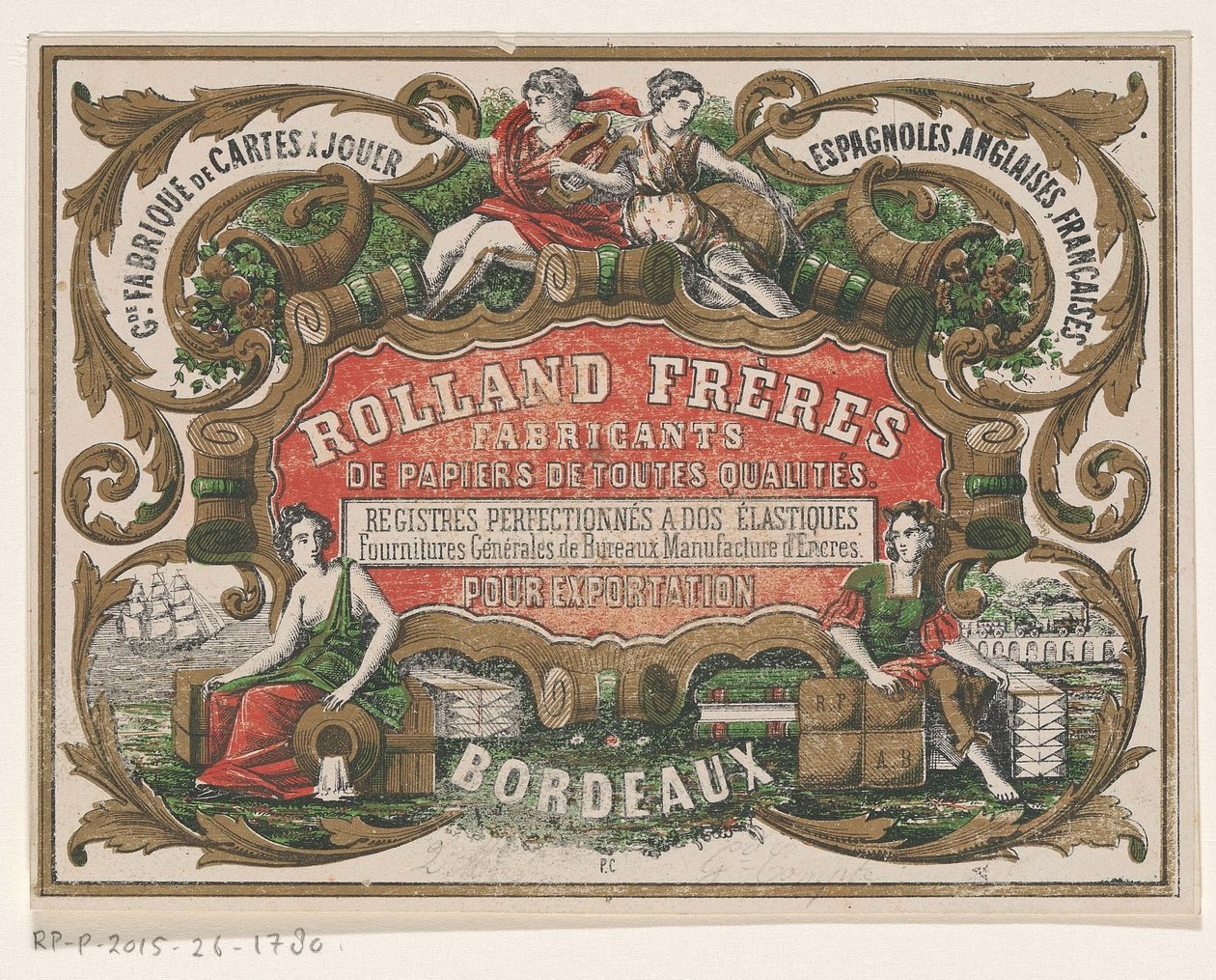 A Rolland Frères bordeaux-i papírgyártó névjegykártyája alkotó: Monogrammist PC (lithograaf)