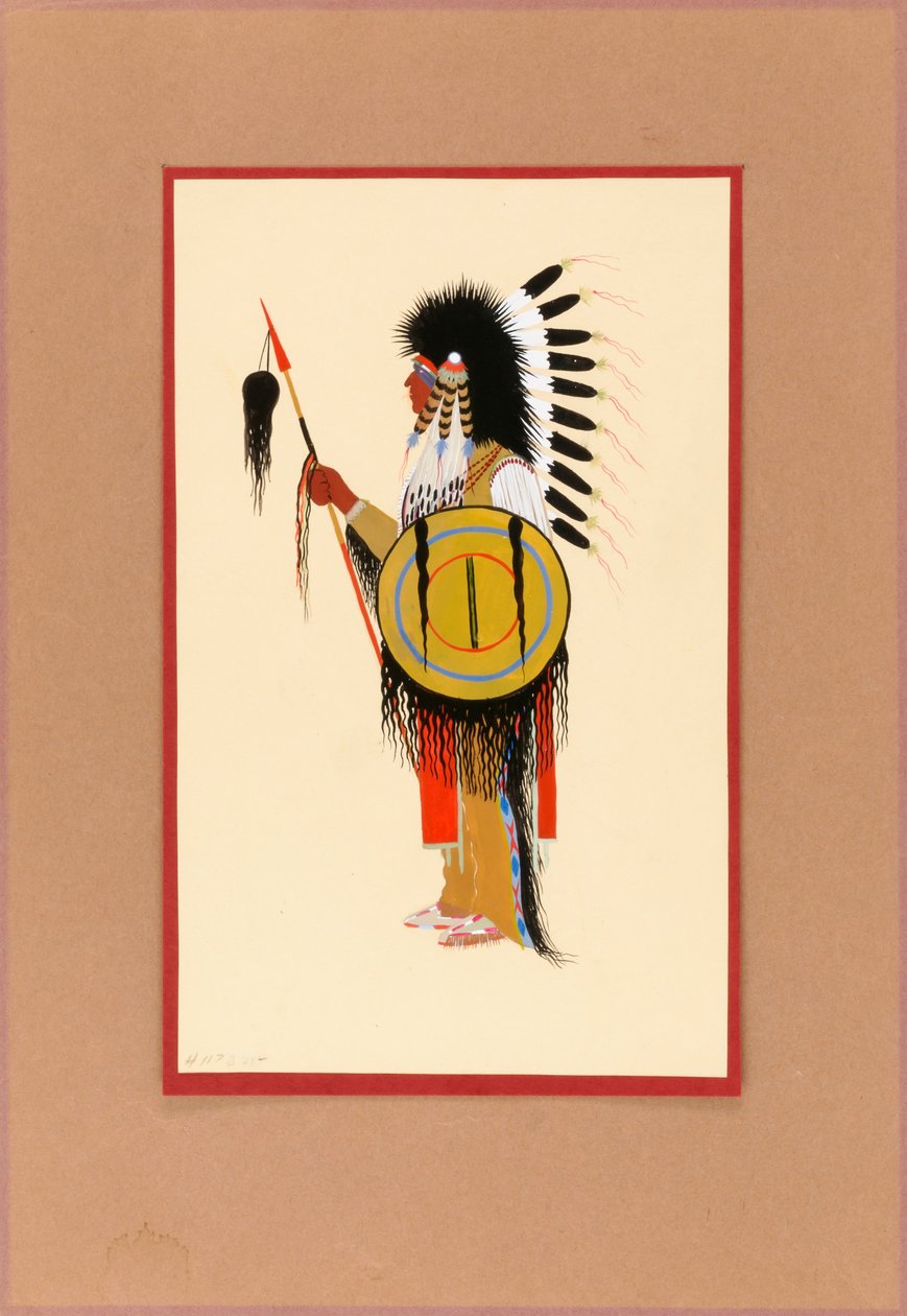 Cheyenne harcos tollas fejdíszben pajzzsal, kb. 1915-1937. alkotó: Monroe Tsatoke
