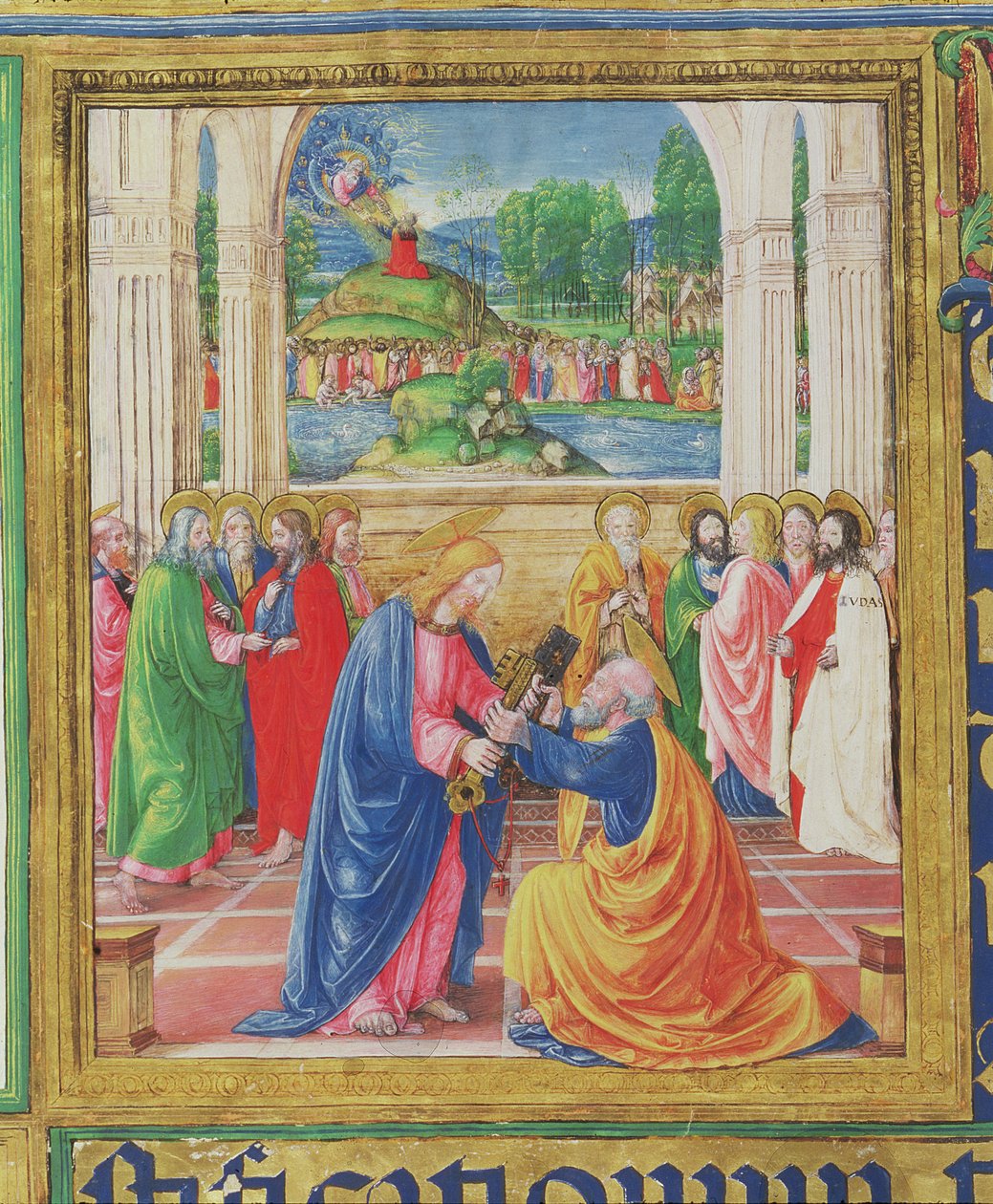 Ms 542 f.3v Krisztus átadja a kulcsokat Szent Péternek, a háttérben Isten átadja Mózesnek a törvény tábláit, Don Appiano zsoltárából, a firenzei Badia Fiorentina templomból alkotó: Monte di Giovanni del Fora