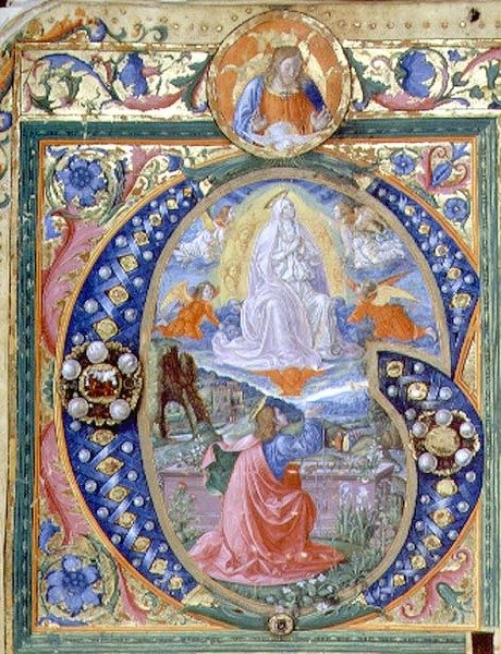 f.106v Történeti „G” kezdőbetű a Szűz mennybemenetelével, egy misekönyvből (vellum) alkotó: Monte di Giovanni del Fora