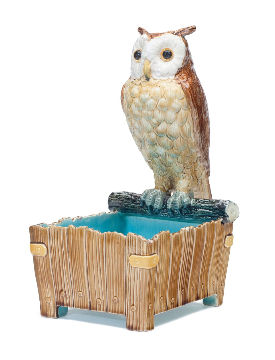 Majolica Owl Jardiniere, 1875 körül alkotó: Moore and Co. T.C. Brown Westhead
