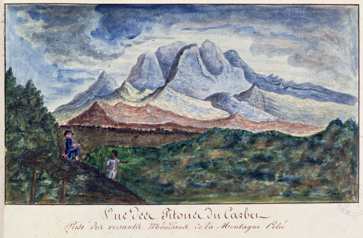 Kilátás a Pitons du Carbetre a Mount Pelee-ről, Martinique, 1815 körül (akvarell papíron) alkotó: Moreau de Jones