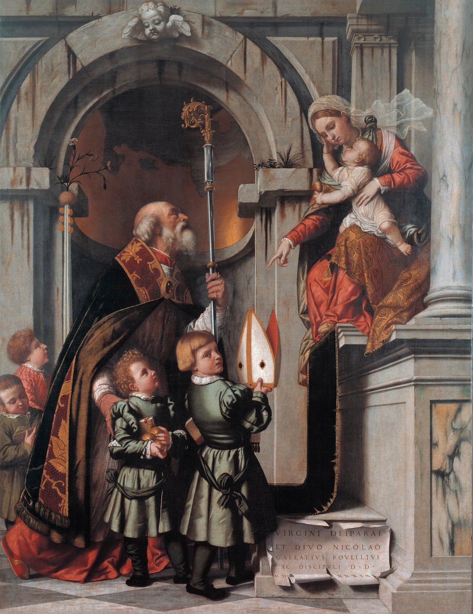 Bari Szent Miklós a Rovelli-diákokat ajándékozza Madonnának és Gyermeknek alkotó: Moretto da Brescia