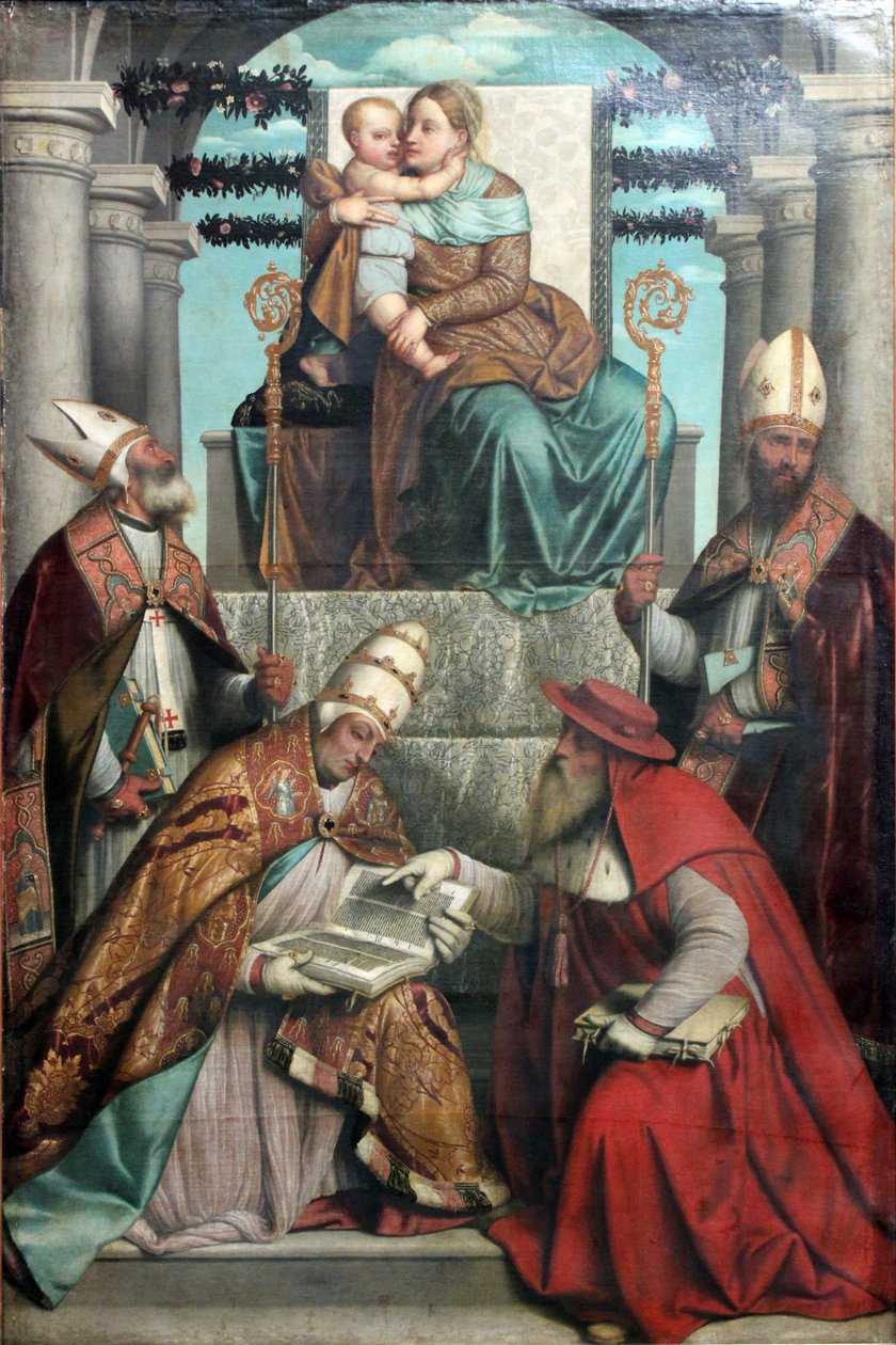 Szűz és Gyermek trónra lépett a latin egyház négy atyjával alkotó: Moretto da Brescia