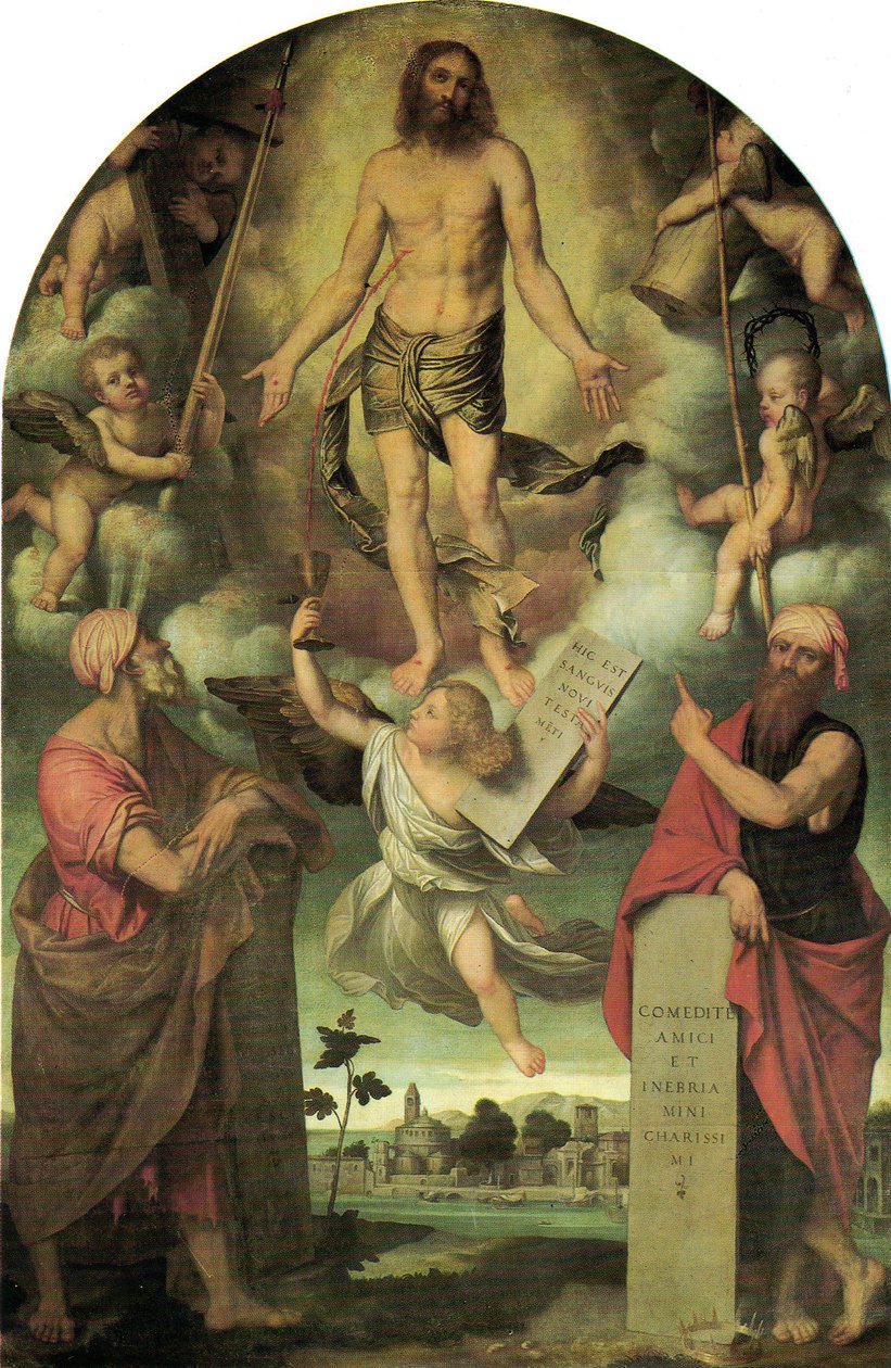 Krisztus a passióban Mózessel és Salamonnal alkotó: Moretto da Brescia