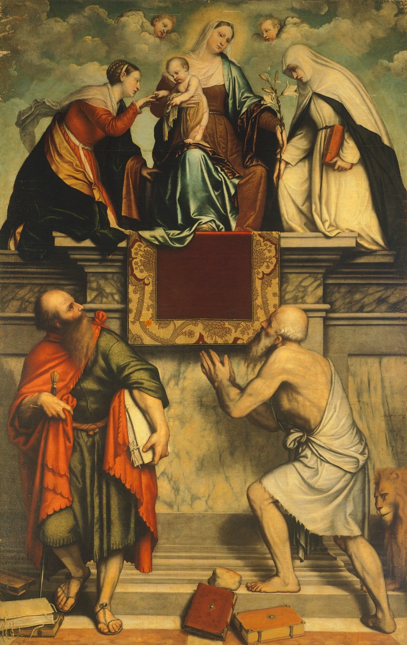 Madonna gyermekével, Szent Katalin, Szent Pál és Szent Jeromos alkotó: Moretto da Brescia
