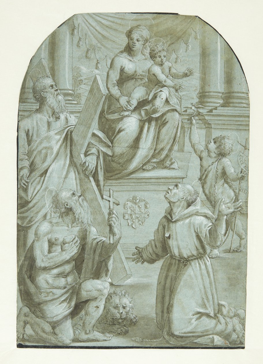 Mária a kis Jézussal trónol, körülötte András apostol, Keresztelő János gyermekkorában, Szent Jeromos és Assisi Szent Ferenc alkotó: Moretto da Brescia