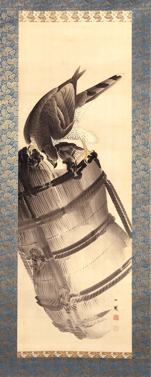 Hawk On A Straw Rice Bale (tinta és szín a selyemen) alkotó: Mori Ippo