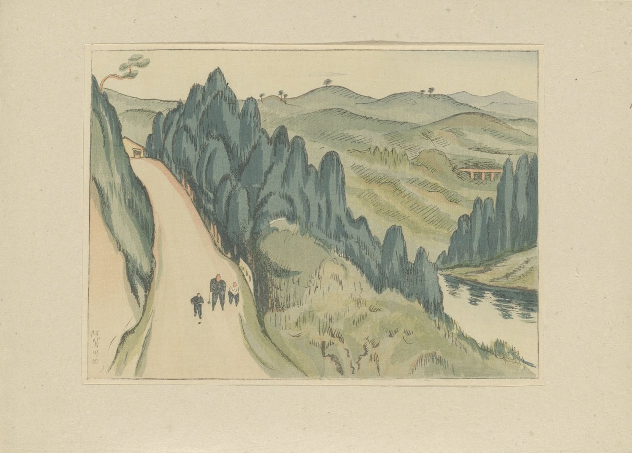 Az Aga folyó Agagawa (cím a tárgyon) Második rész, Aizu terület (sorozat címe) Dai nishu, Aizu no bu (sorozat címe) Japán tájképek (sorozat címe) Nihon fukei hanga (sorozat címe) alkotó: Morita Tsunetomo