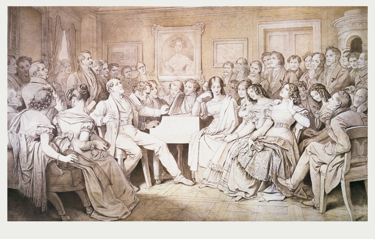 Egy este von Spaun bárónál: Schubert zongoránál barátai körében, köztük Johann Vogl (1768-1840) operabariton alkotó: Moritz Ludwig von Schwind