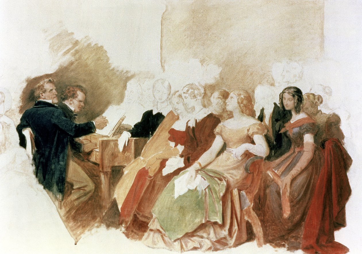Tanulmány az Egy este von Spaun bárónál című filmhez: Schubert zongorázik barátai, köztük az operai bariton, Johann Vogl (1768-1840) társaságában. alkotó: Moritz Ludwig von Schwind