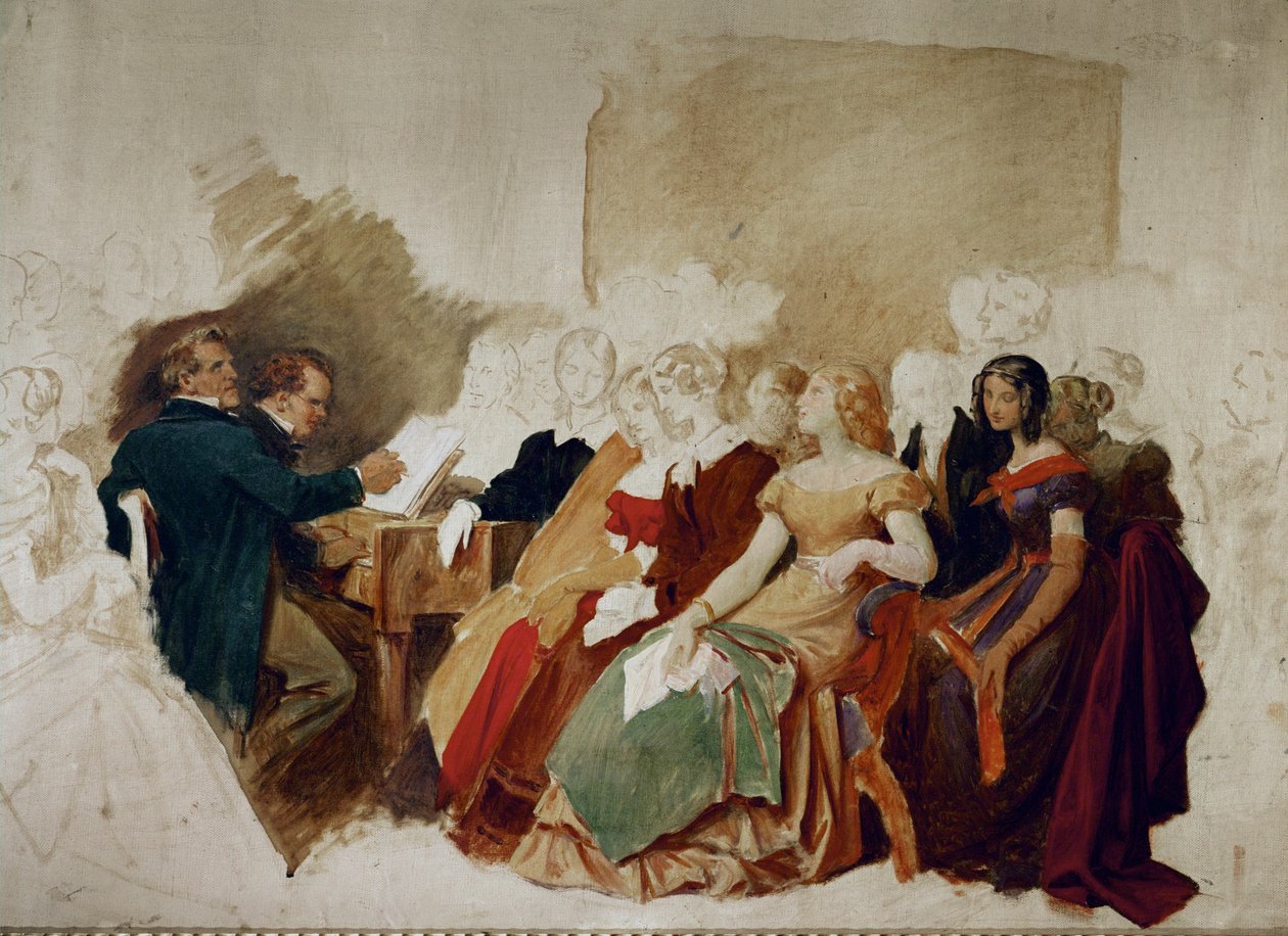 Egy este Spaun bárónál, Schubert a zongoránál, mellette Johann Michael Vogl tenorista ... (akvarell) alkotó: Moritz Ludwig von Schwind