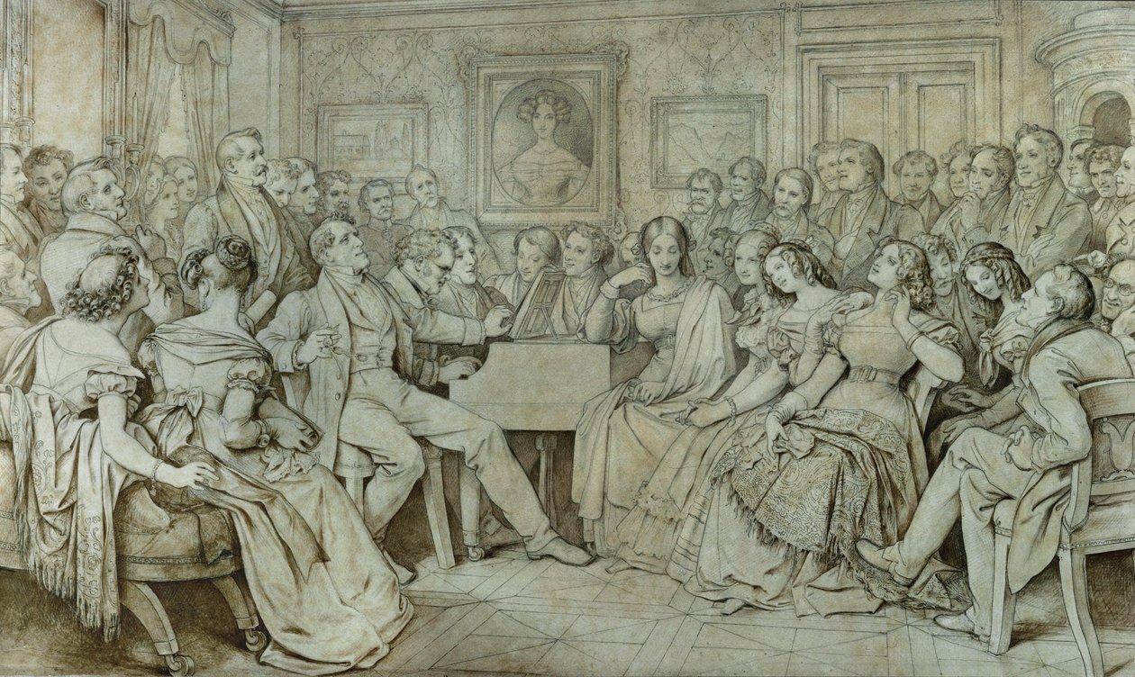 Egy este Spaun bárónál, Schubert a zongoránál, Johann Michael Vogl tenor énekel ... (tinta, szepia) alkotó: Moritz Ludwig von Schwind