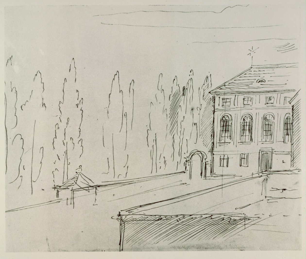 A bécsi Karlskirche melletti Haus zum goldenen Mondschein homlokzata, ahol Schwind élt ... alkotó: Moritz Ludwig von Schwind