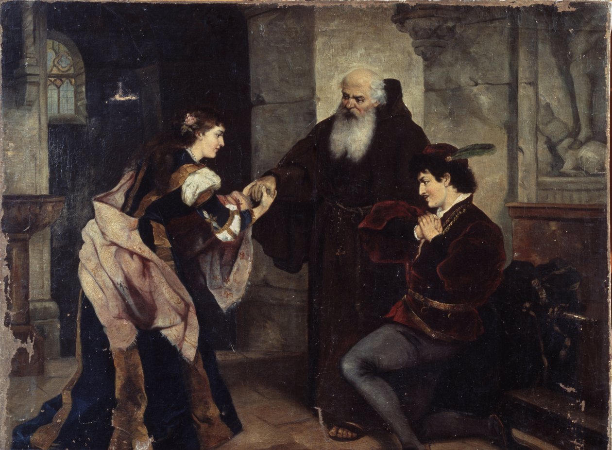 Rómeó és Júlia esküvője. William Shakespeare (1564-1616) drámája által ihletett jelenet. Moritz Ludwig von Schwind (1804-1871) festménye, olaj, vászon, osztrák művészet, 19. század közepe, romantika. Történelmi és Művészeti Múzeum, Cherep alkotó: Moritz Ludwig von Schwind