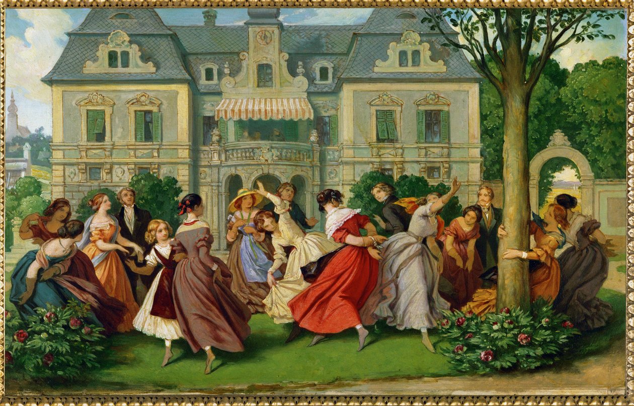 Társadalmi játékok, a háttérben egy kastély ... (olajfestmény) alkotó: Moritz Ludwig von Schwind
