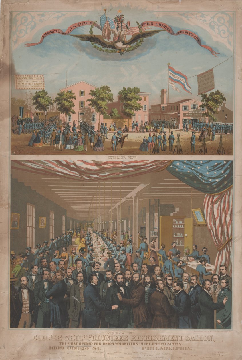 Cooper Shop Volunteer Refreshment Saloon – Az első megnyílt szakszervezeti önkéntesek számára az Egyesült Államokban, 1862 körül alkotó: Morris H. Traubel