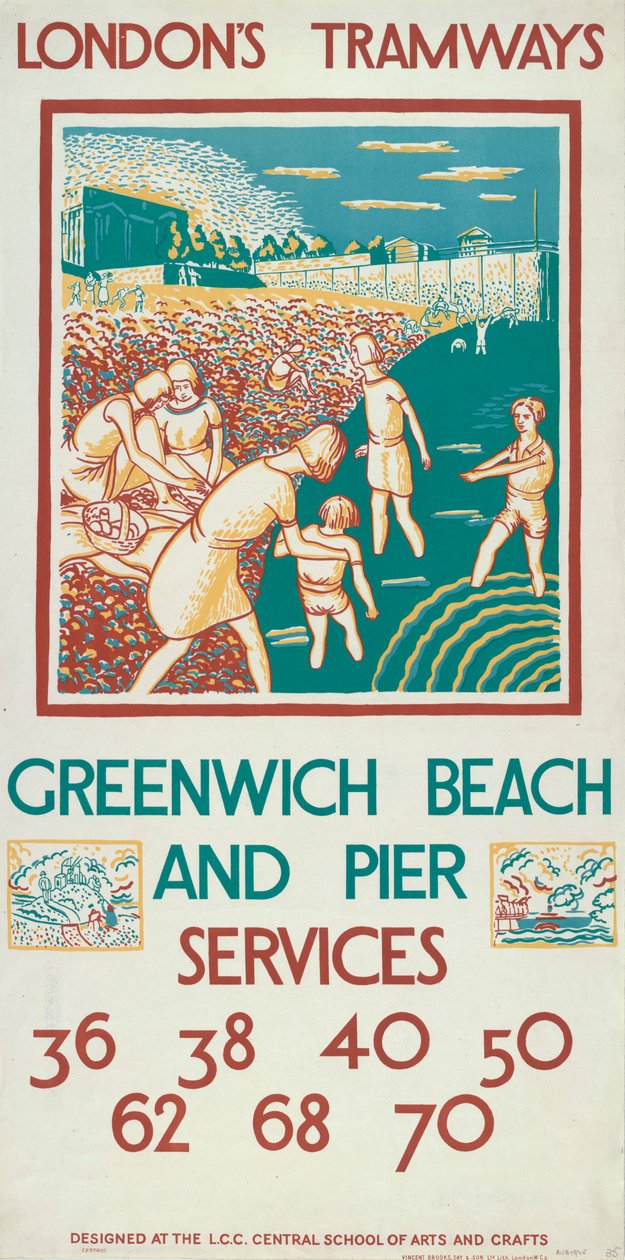 „Greenwich Beach and Pier”, London County Council LCC Tramways plakátja, 1925 alkotó: Morris Kestelman