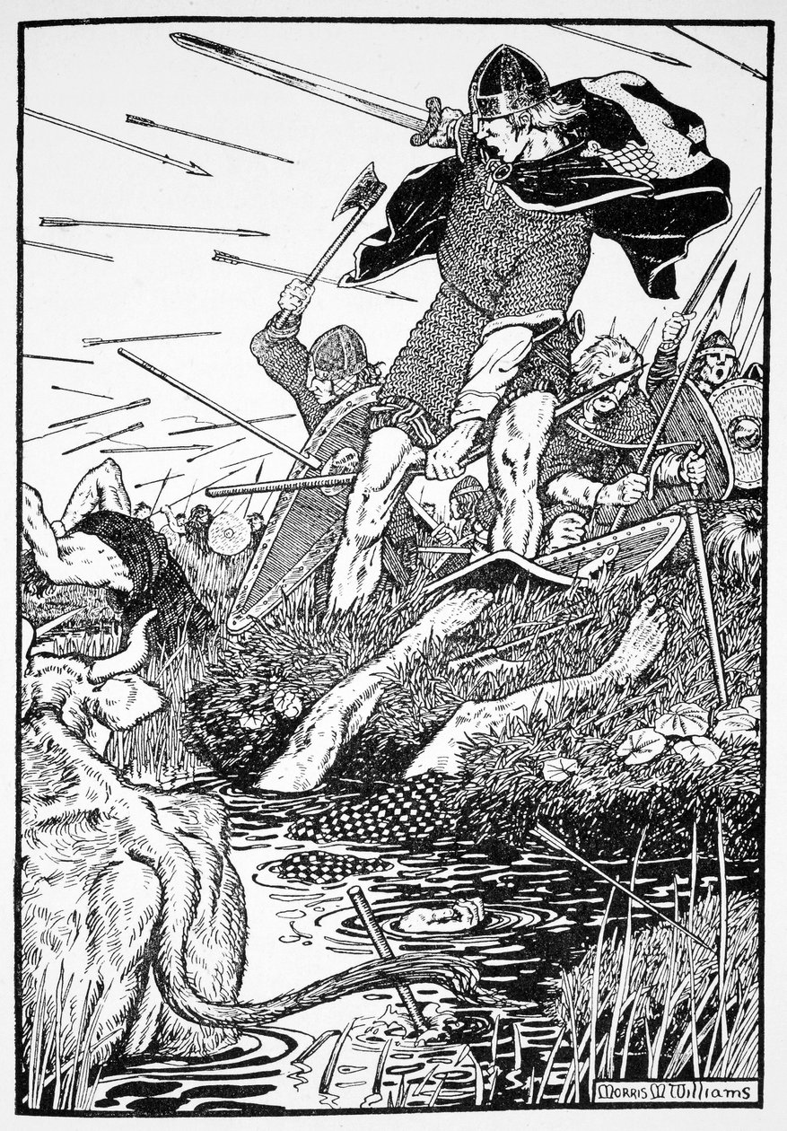 "King Magnus in the marsh at Downpatrick", Írország, 1103 1913 alkotó: Morris Meredith Williams