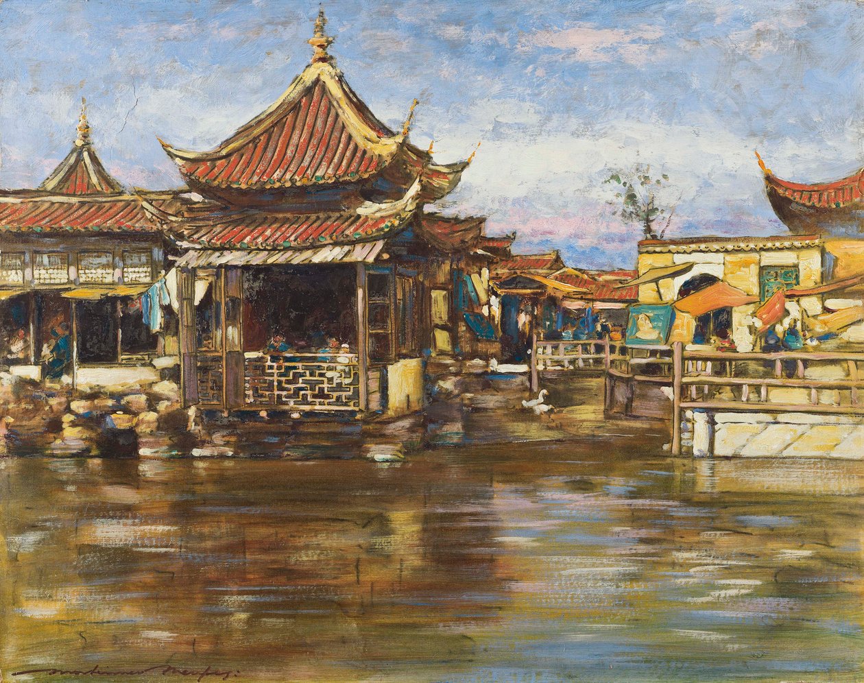 Tea House, Sanghaj, 1909 körül (gouache és olaj a fedélzeten) alkotó: Mortimer Ludington Menpes