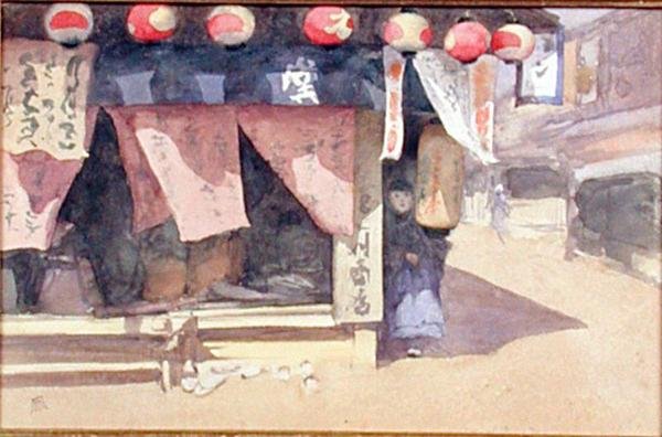 Teaházon kívül, Japán, 1887-88 körül (akvarell a kártyán) alkotó: Mortimer Ludington Menpes