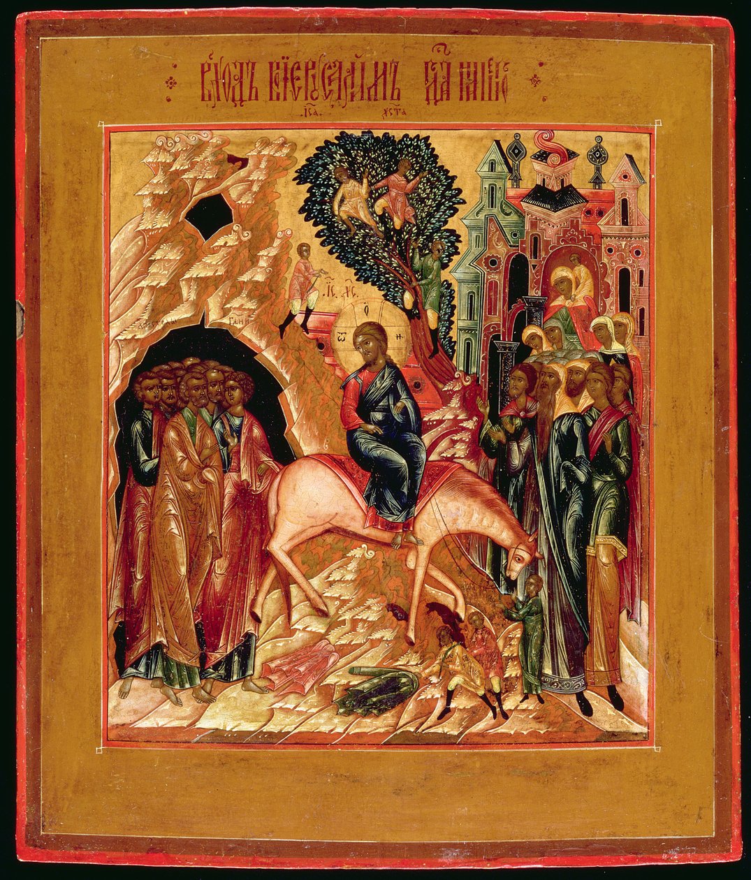 A jeruzsálemi belépés orosz ikonja, 19. század eleje (aranylevél és tempera a panelen) alkotó: Moscow School