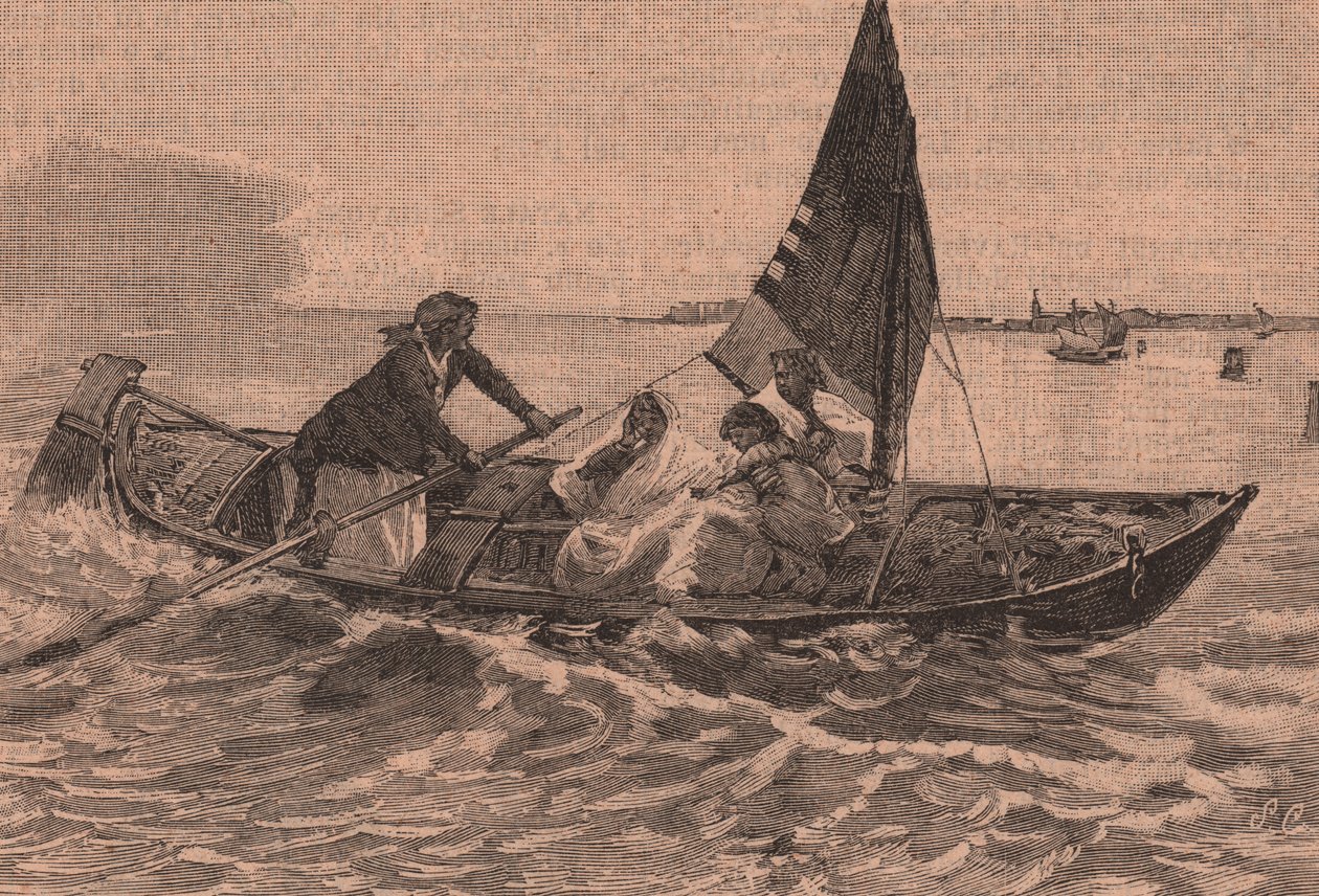 Átkelés a lagúnán, Mose Bianchi (1836-1892) festménye, Chioggia, Veneto, Olaszország, fametszet a Le cento citta d