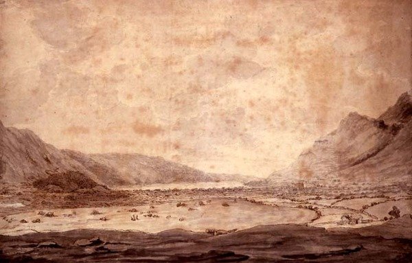 Panorámás kilátás Derwentwaterre és a Keswick-völgyre, egy völgy részlete Bassenthwaite-tal a távolban, 1772 körül alkotó: Moses Griffith
