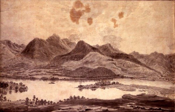 Panorámás kilátás Derwentwaterre és a Keswick-völgyre, Derwent Water északi végének részlete, 1772 körül (ceruza és mosás papíron) (lásd: 92086 és 92088-91) alkotó: Moses (attr. to) Griffith