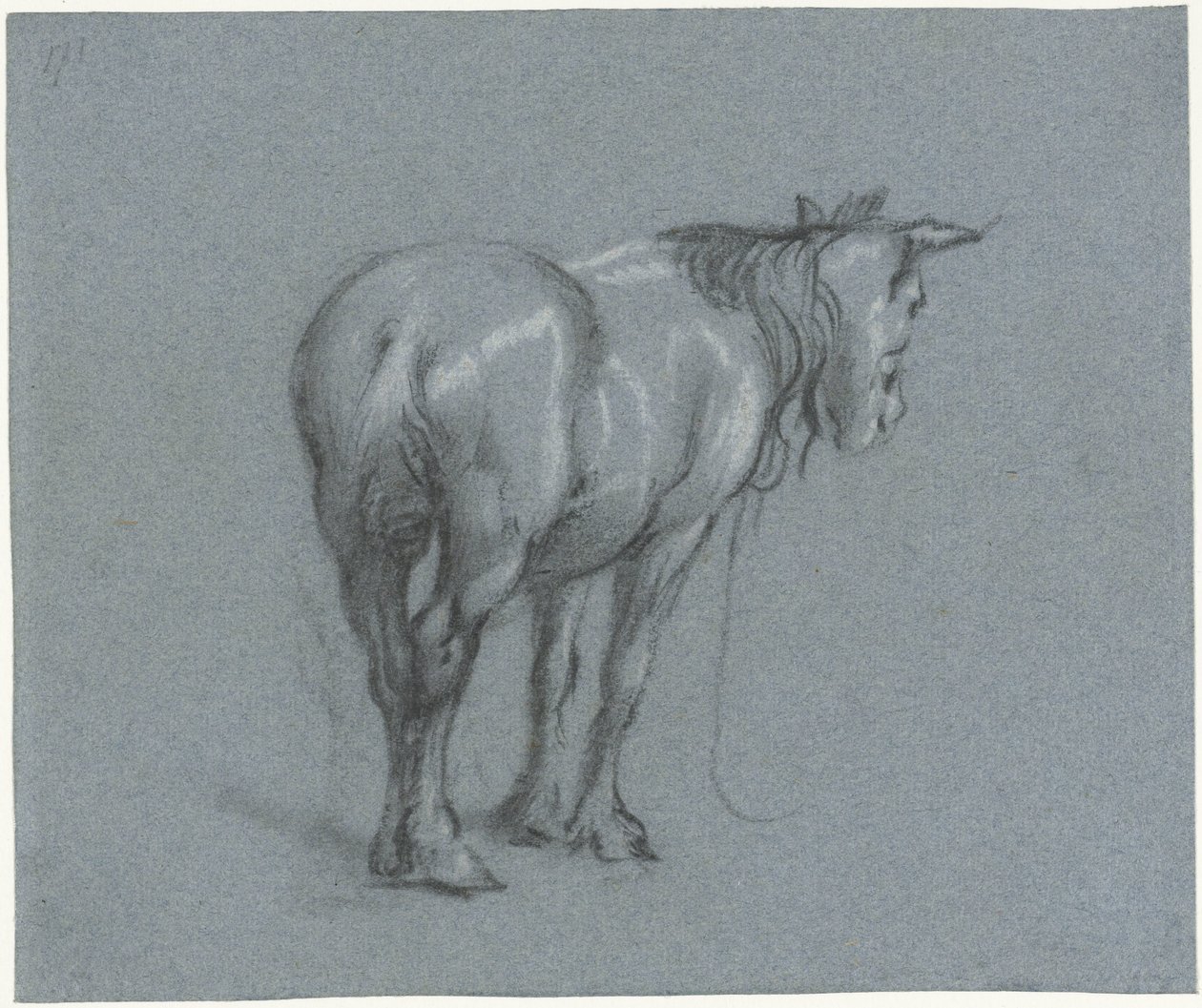 Egy ló tanulmányozása hátulról, jobbról Álló igáslovak (sorozat címe) alkotó: Moses Ter Borch
