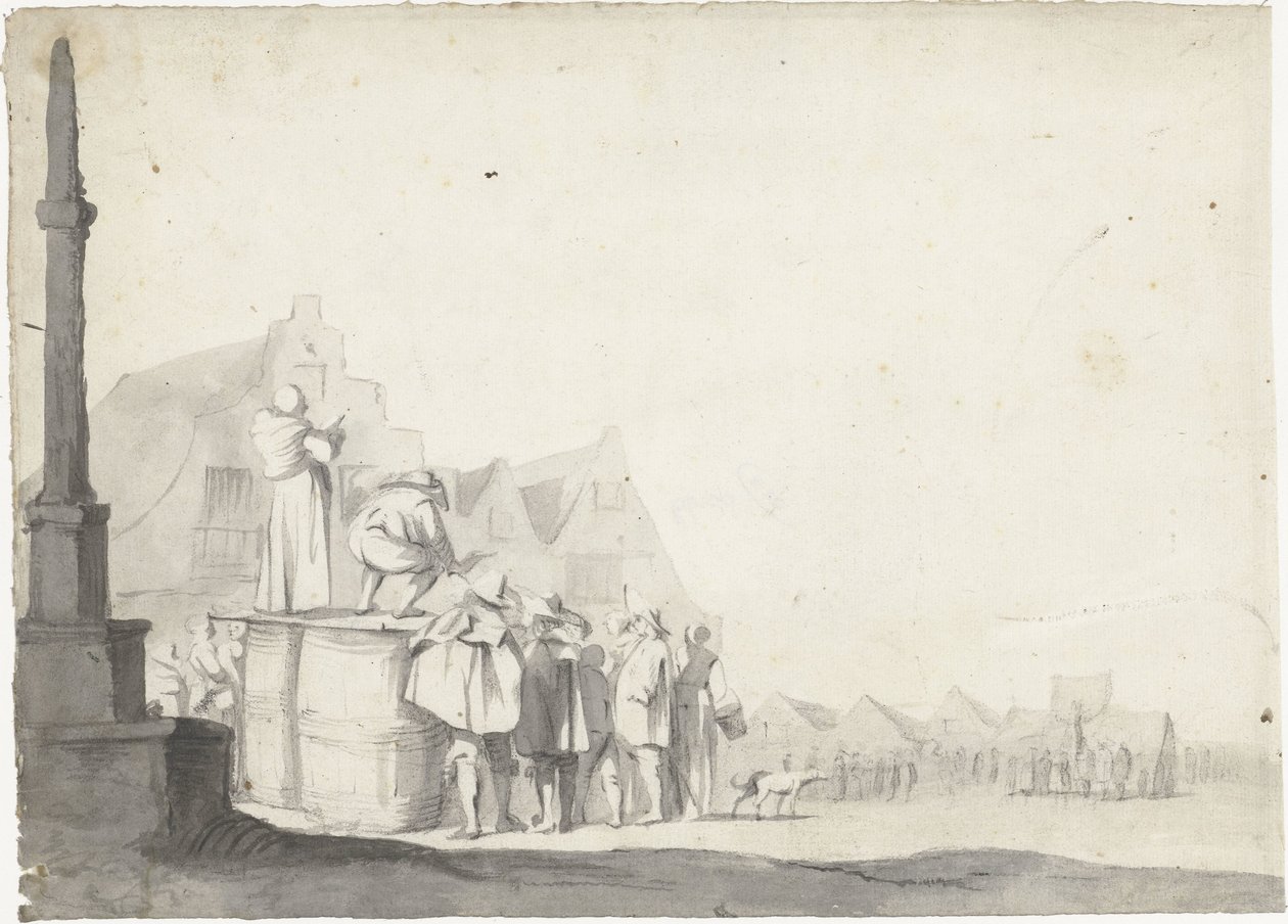 Piac tér bemondóval egy hordón alkotó: Moses ter Borch (possibly)