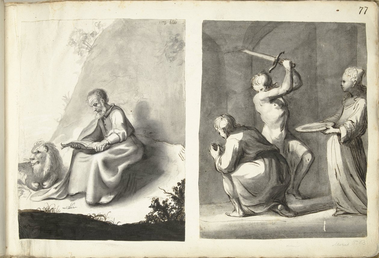 Szent Jeromos a pusztában és Keresztelő János lefejezése alkotó: Moses ter Borch (signed by artist)