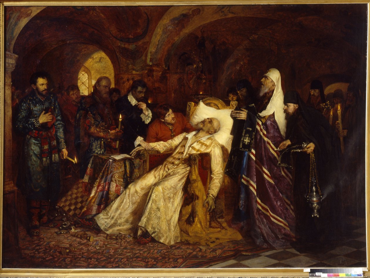 A Metropolitan felszenteli IV. Ivan orosz cárt, akit Le Terrible (1530-1584) néven ismernek (a Metropolitan Consecrete Ivan the Terrible to the Great Schema). Moisei Lvovich Maimon (1860-1924) festménye, olaj, vászon alkotó: Moshe Maimon