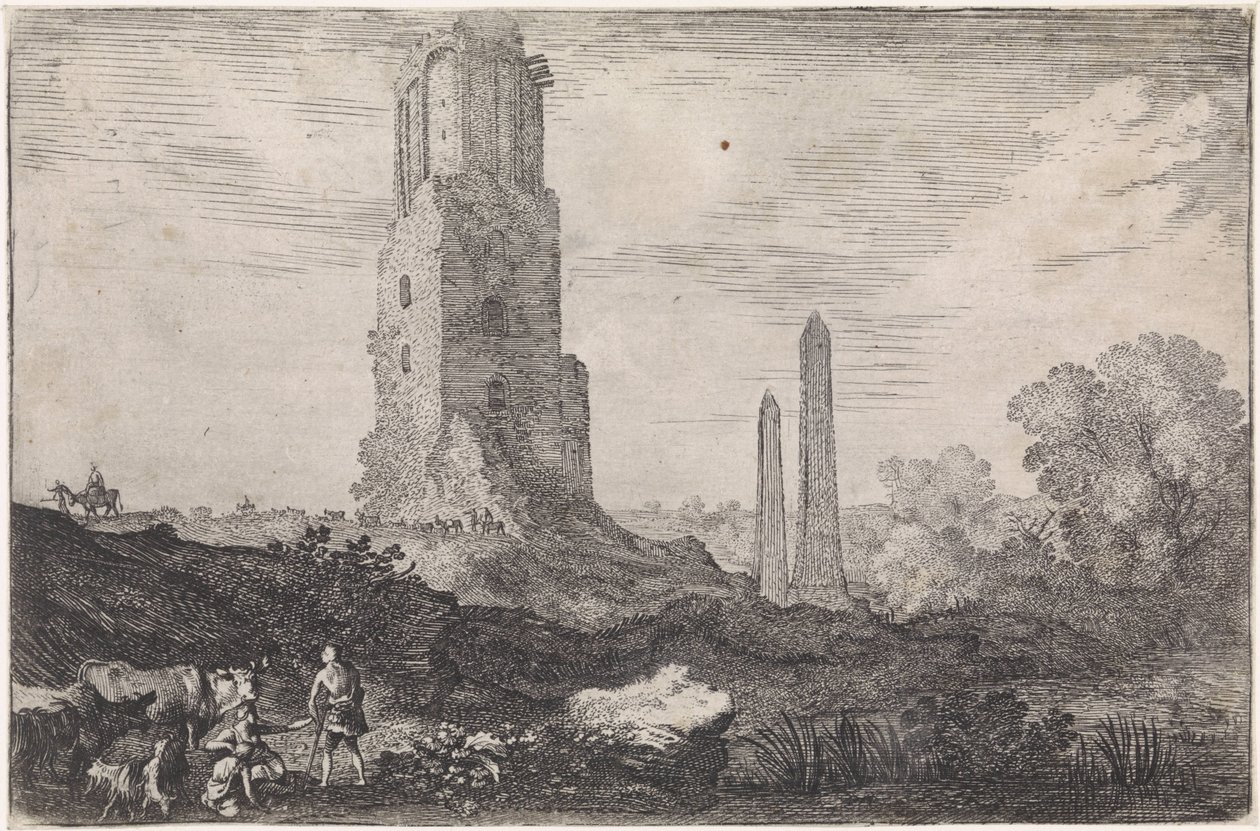 Táj két obeliszk és a "Torre delle Militia" Árkádiai tájak (sorozat címe) alkotó: Moyses van Wtenbrouck