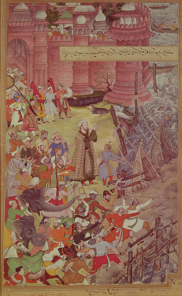 Csónakok hídja, amelyet Akbar (1556-1605) tört le az elefántján, miközben átkelt a Jumna folyón, az Akbarnamából, 1590 körül, egy dupla oldal jobb oldala (lásd: 99482) alkotó: Mughal School