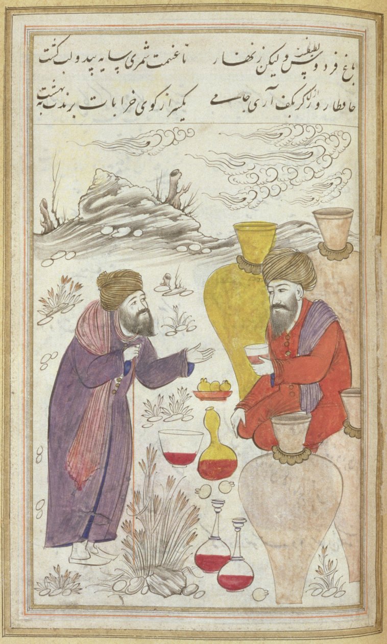 Egy botra támaszkodó férfi beszél egy férfival, akit nagy üvegek vesznek körül, előtte borosüvegek állnak, a Hafiz-i dívánból, 1650 körül alkotó: Mughal School