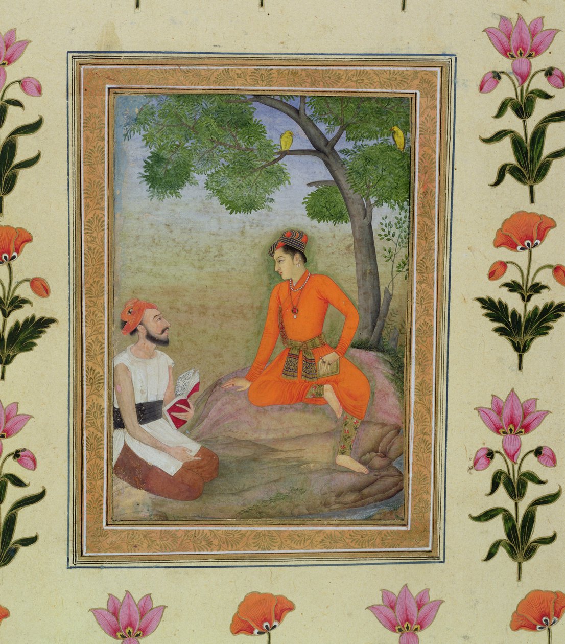 Egy herceg, aki egy könyvet tartó vallásos emberrel beszélget, a Small Clive albumból alkotó: Mughal School