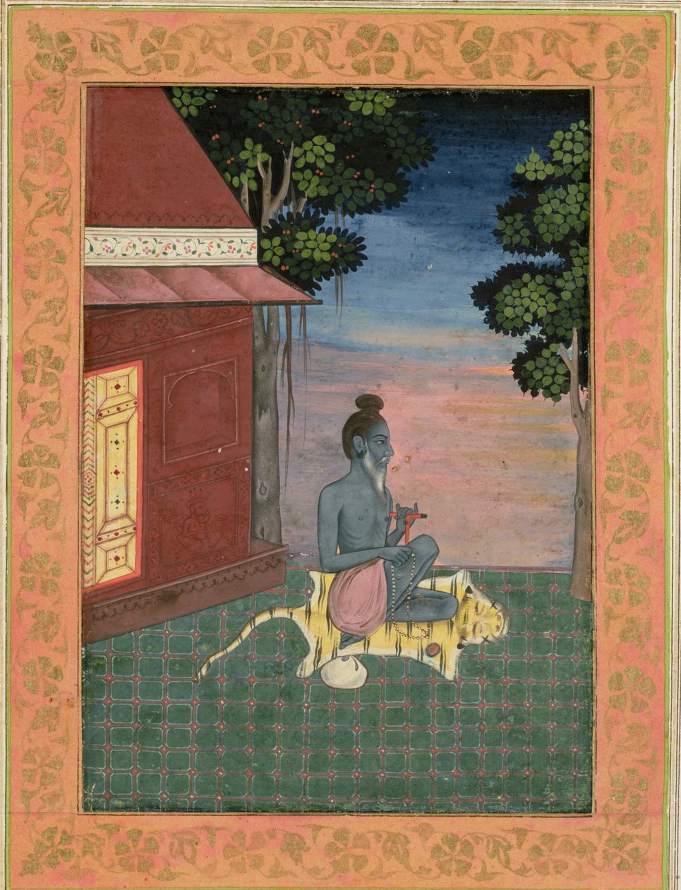 Idős aszkéta tigrisbőrön ülő épületen kívül, a Large Clive Albumból, 1670 körül alkotó: Mughal School