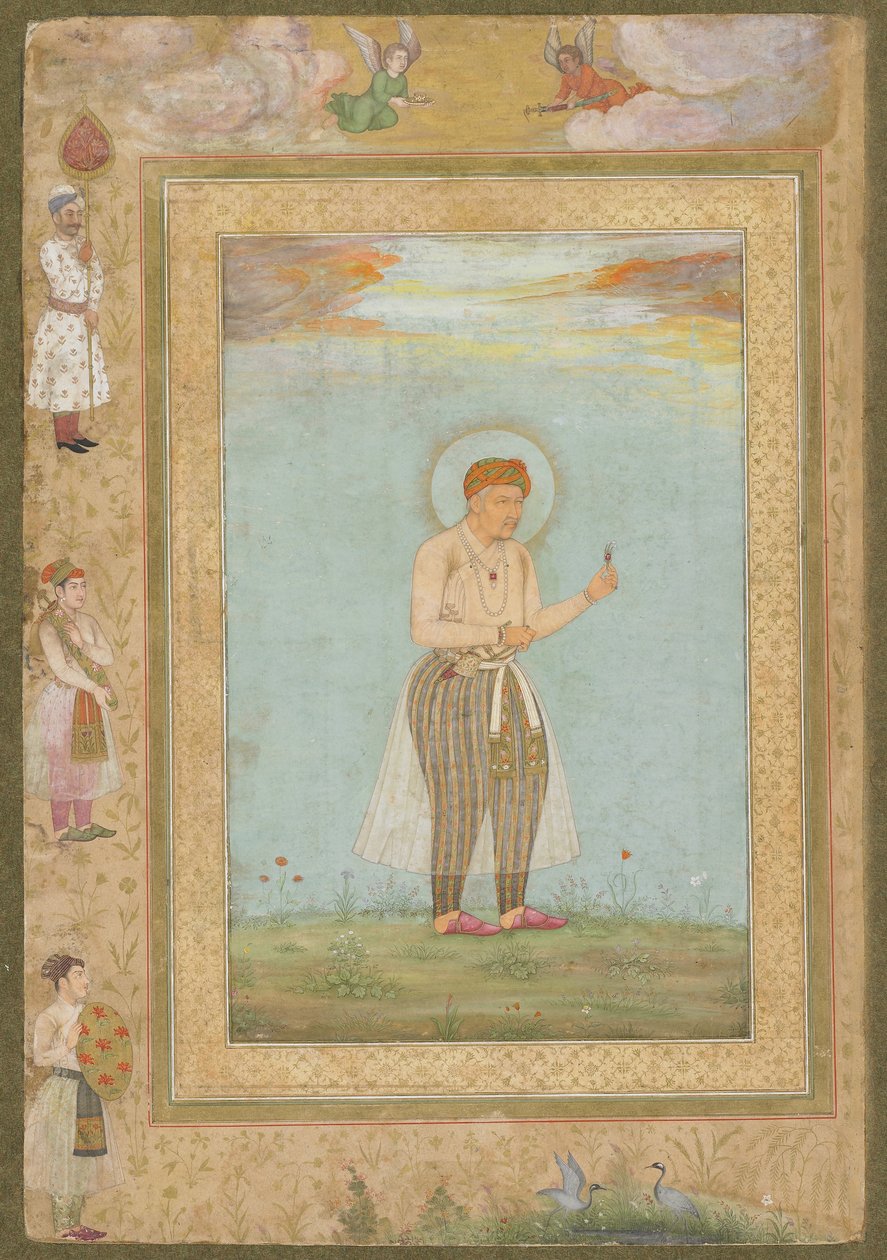 Akbar egy Sarpech-el, a néhai Shahjahan albumból, leválasztott kéziratos fólió, 1650 körül alkotó: Mughal School
