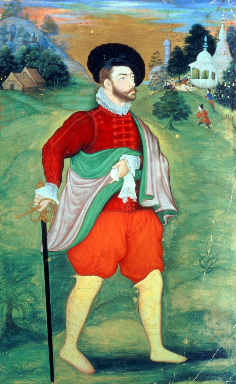 Egy európai Indiában, 1556-1605 körül (átlátszatlan akvarell és arany papíron) alkotó: Mughal School