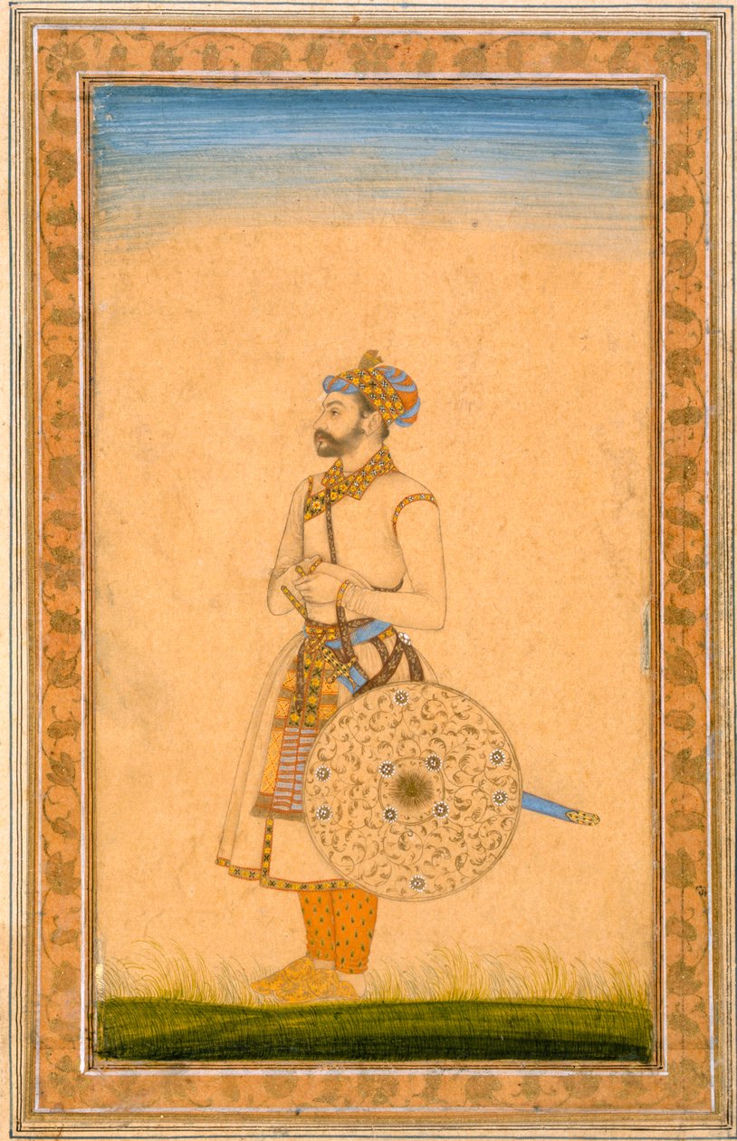 Egy tiszt, áll, karddal és pajzzsal, a Small Clive Albumból, 1600 körül (átlátszatlan wc papíron) alkotó: Mughal School