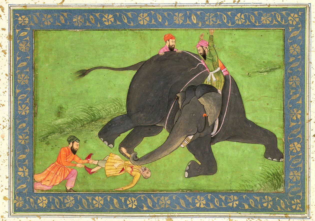 A kísérők megmentenek egy elesett embert egy feldühödött elefánttól a Large Clive Albumból alkotó: Mughal School