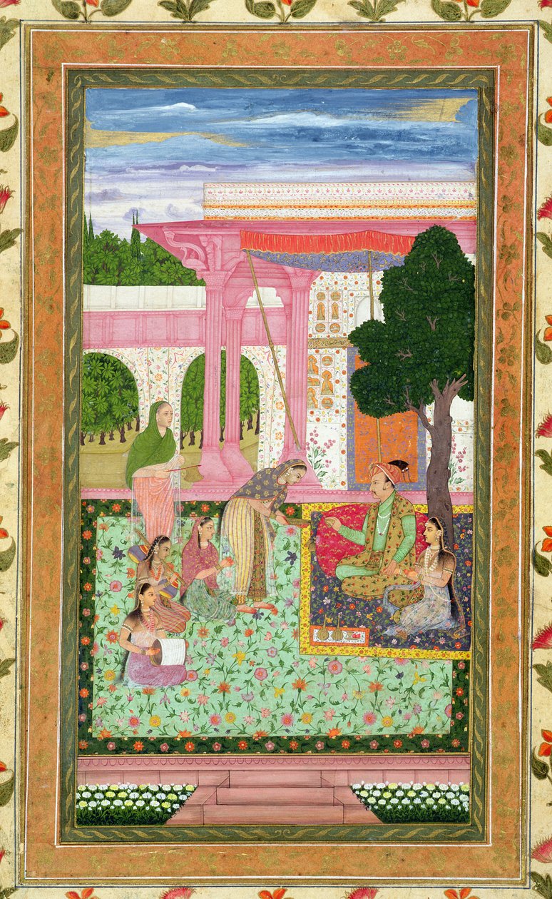 Jahangir császár (1569-1627) hitvesével és kísérőivel egy kertben, a Small Clive Albumból (papíron átlátszatlan wc) alkotó: Mughal School